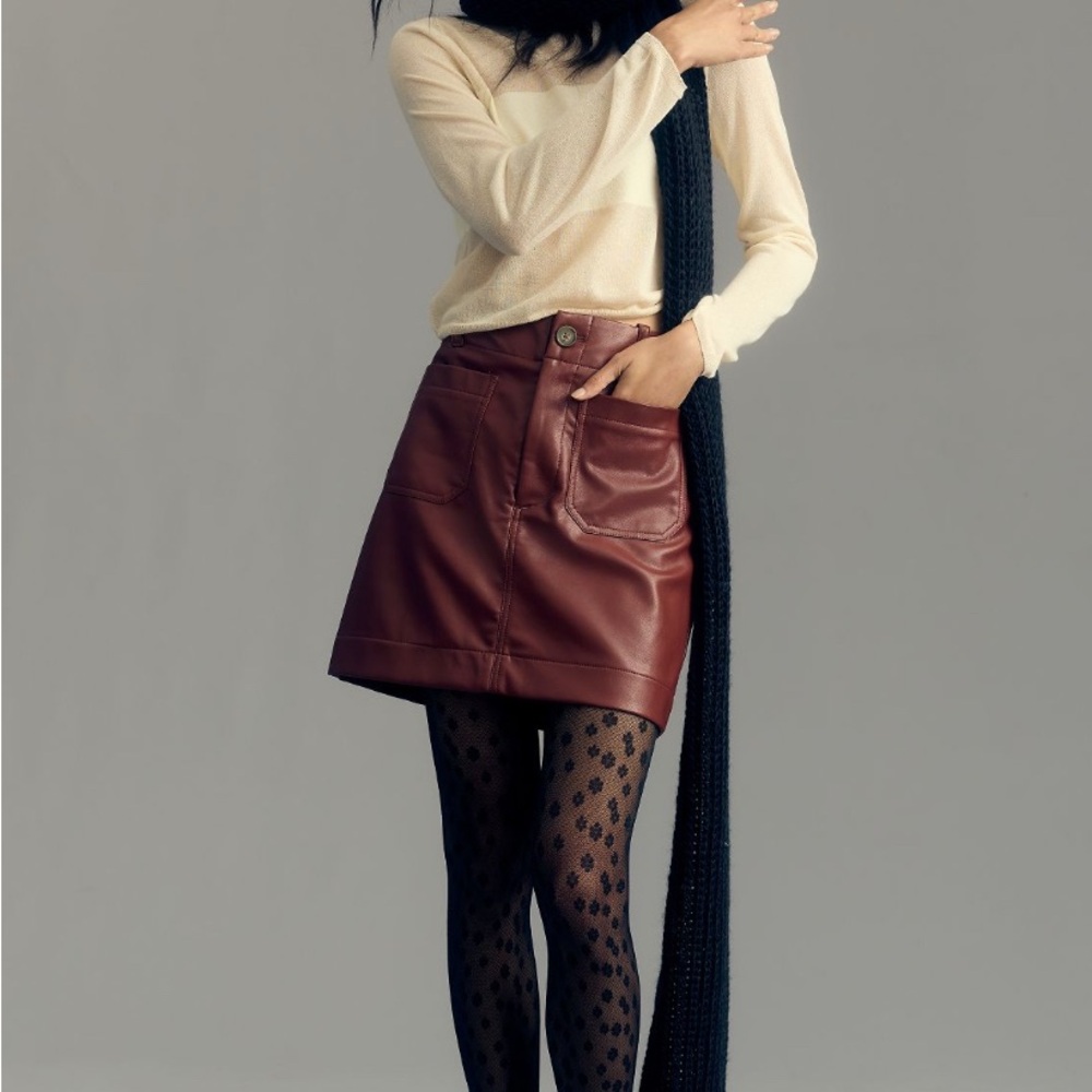 NWT Anthropologie Maeve Colette Faux Leather Mini Skirt - Dark Auburn - Large